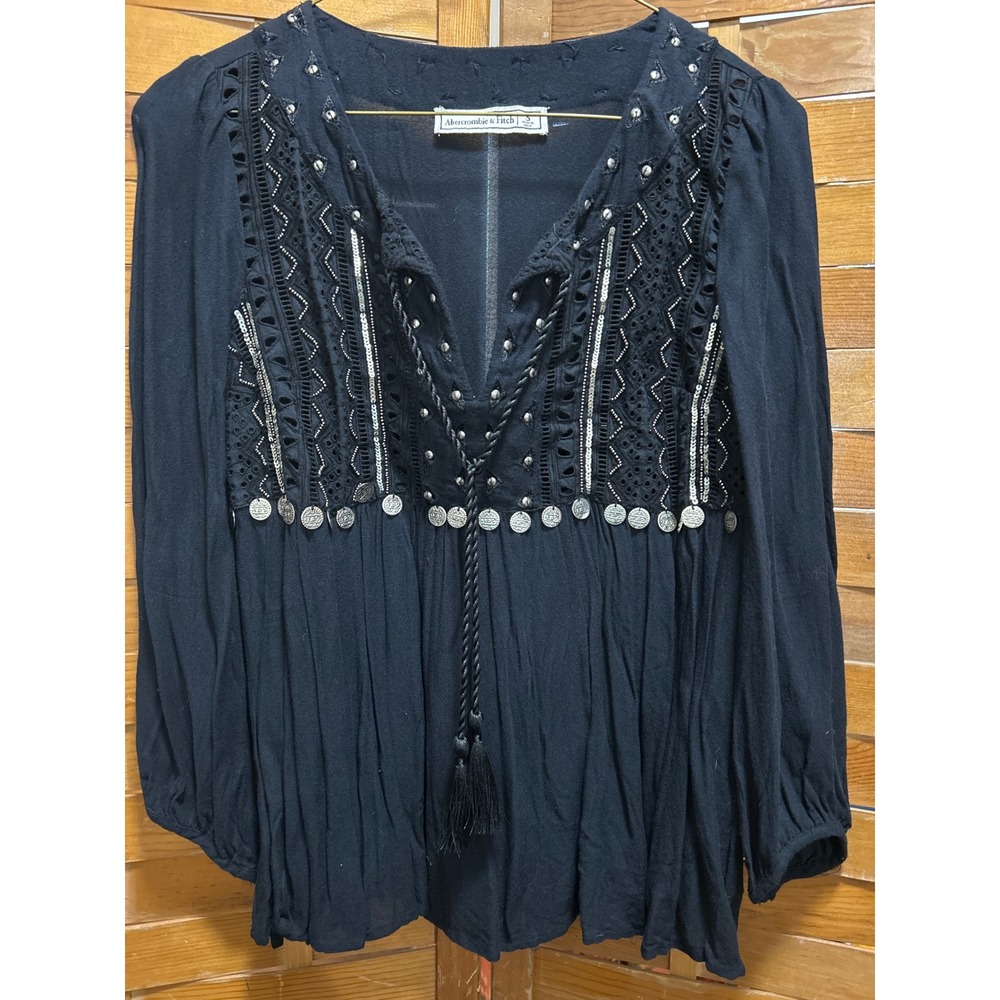 Abercrombie Fitch Black Boho Tassel Coin Embellished V Neck Long Sleeve Top Smal